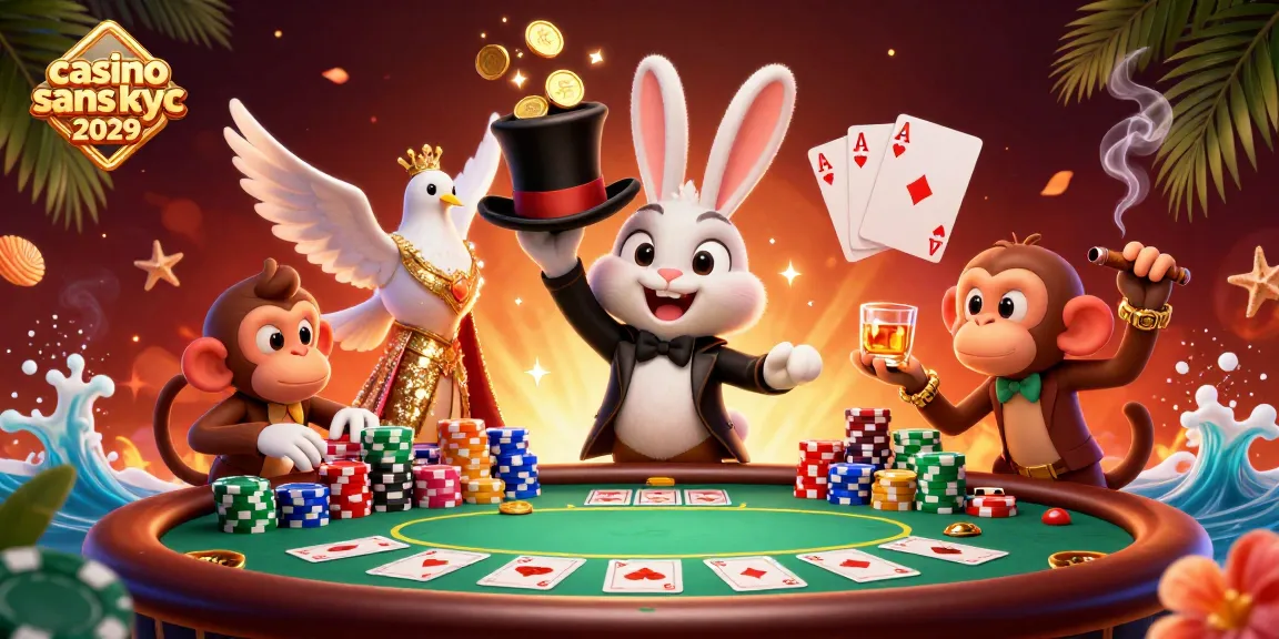Une scène dynamique de casino sans kyc 2029 avec un lapin magicien et des jetons de poker.