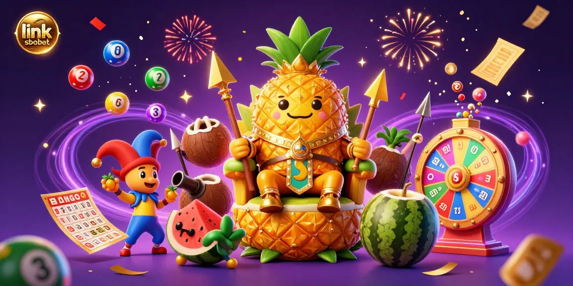 Engage in thrilling gaming with link sbobet, featuring a lively 3D scene of a pineapple king and vibrant casino elements.