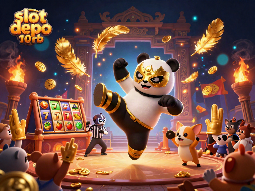 Experience the thrill of slot depo 10rb with a 3D panda wrestler in a vibrant casino scene.