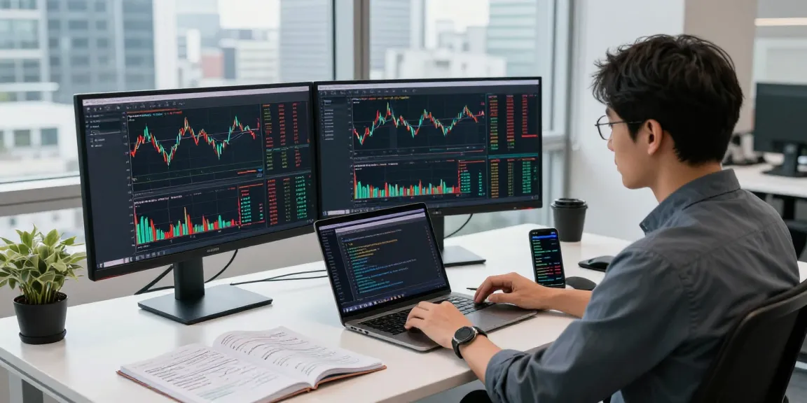 Engaged developer working on multi-ticker Japan stock API in modern office setting with real-time market data.