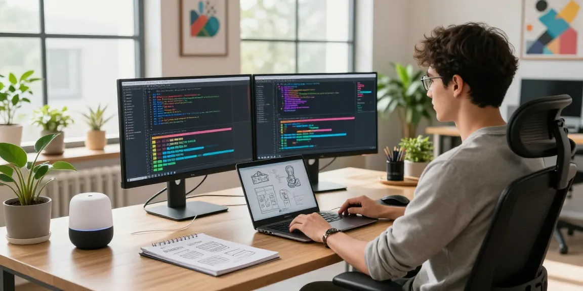 Software developer at a modern workspace coding with dual monitors, showcasing innovative tech environment for kecak4d.