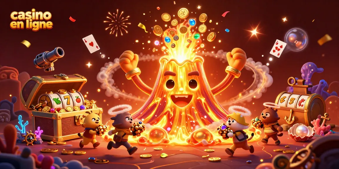 Jouez à des jeux palpitants de casino en ligne avec un volcan doré et des trésors.