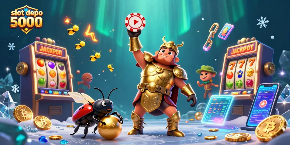Spin to win with slot depo 5000, featuring vibrant characters and lively slot symbols in an engaging casino scene.