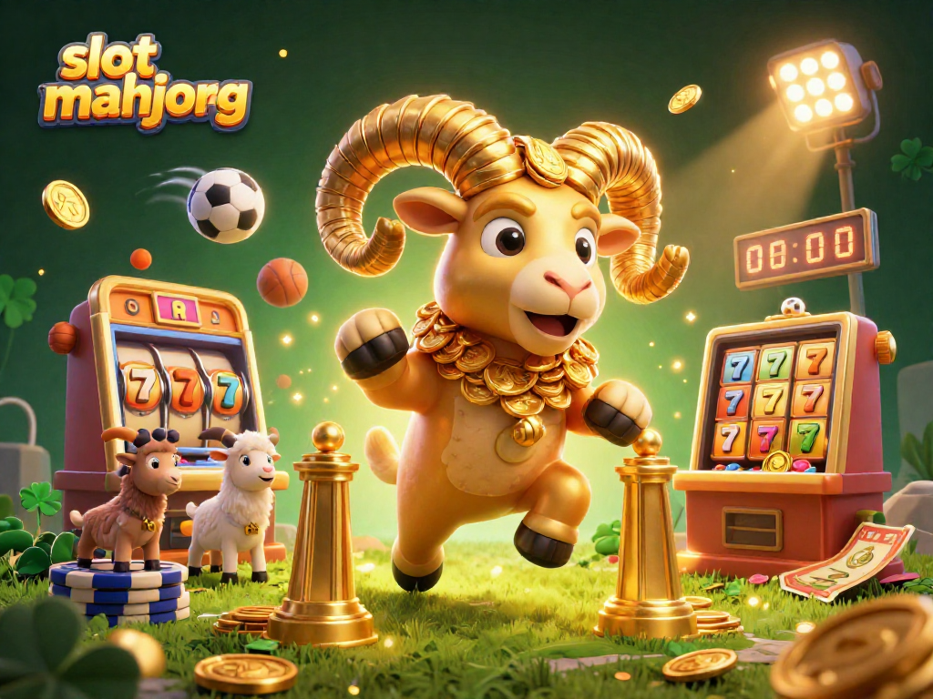 Experience slot mahjong excitement with a dynamic illustration featuring a golden ram charging at a jackpot.