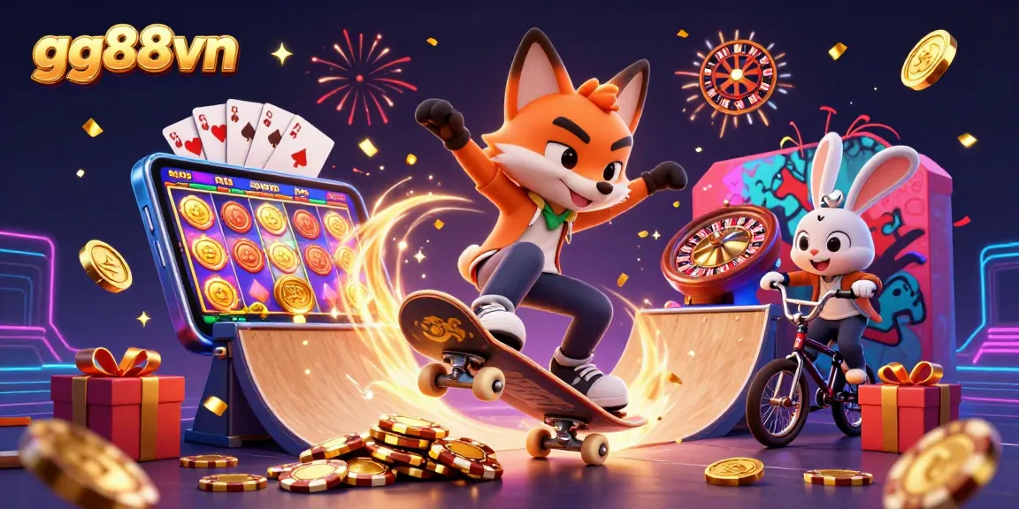 Experience thrilling gaming at gg88vn with a dynamic scene of casino excitement and cartoon characters.