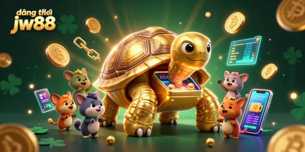 Engage with đăng ký jw88 featuring a golden tortoise pinball machine and crypto elements in a vibrant casino scene.