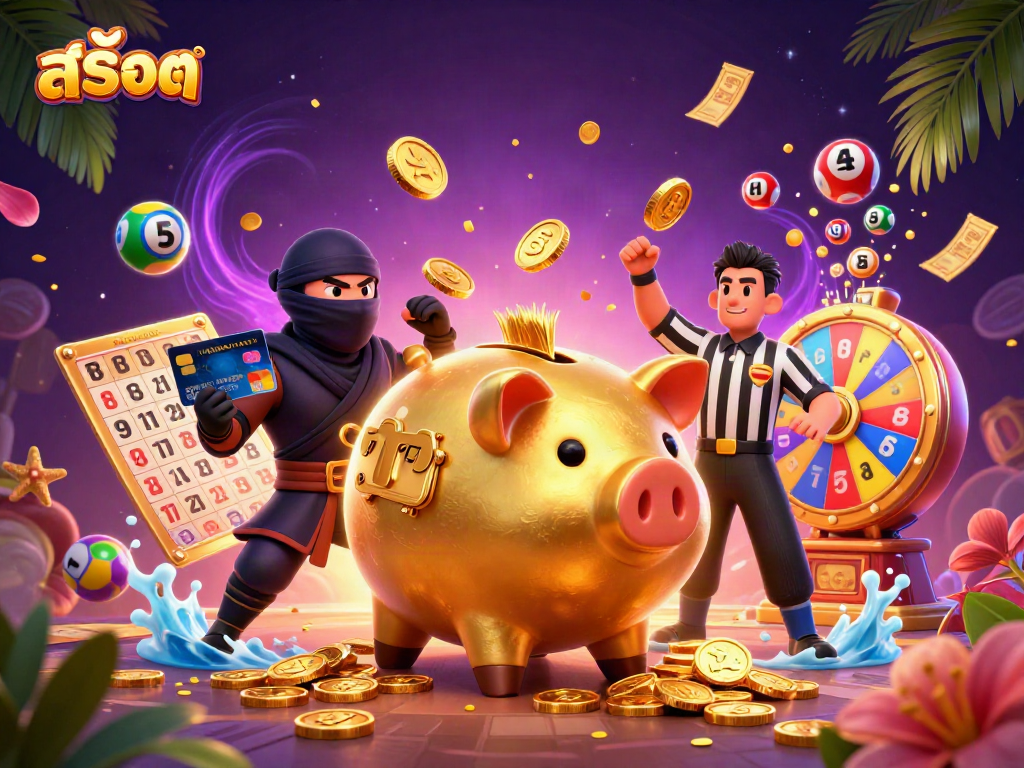Engage with สล็อต as the golden sumo piggy bank shakes loose coins in a dynamic casino scene.