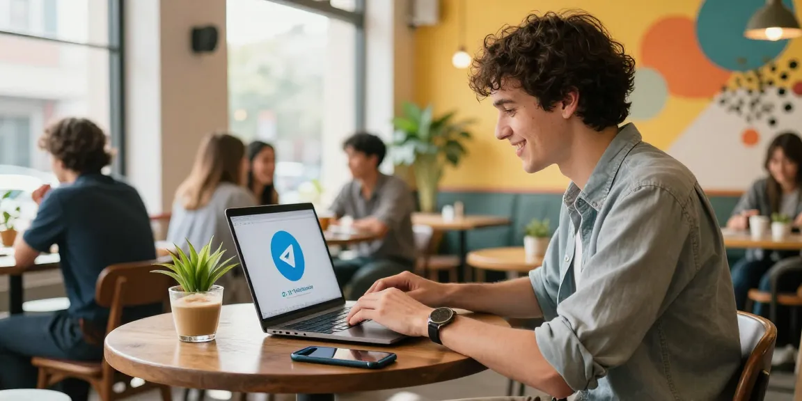 telegram china working method demonstrated by user in a vibrant café environment with laptop and VPN app