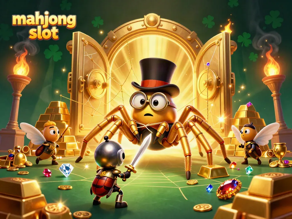 Engage in thrilling gameplay with mahjong slot as a cartoon golden tarantula weaves a gold web amid treasure.