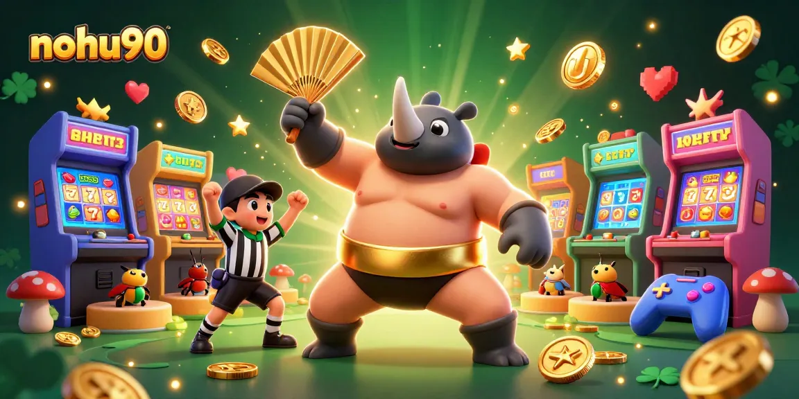 Experience nohu90's vibrant casino action with a sumo beetle champion amid golden coins and slot reels.