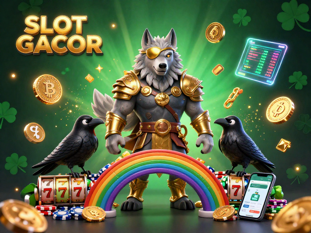 SLOT GACOR showcases a dynamic Norse casino scene featuring Odin and his ravens amidst vibrant slot reels.