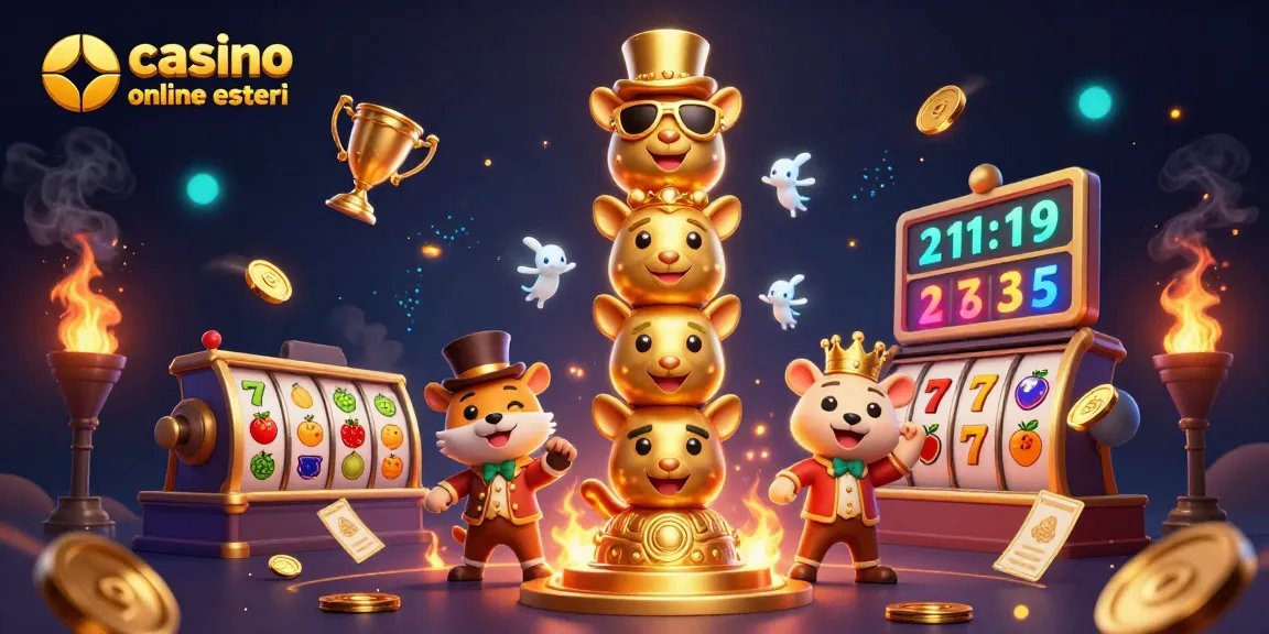 Gioca nei migliori casino online esteri con slot dinamiche e totem divertente in un'illustrazione 3D vivace.