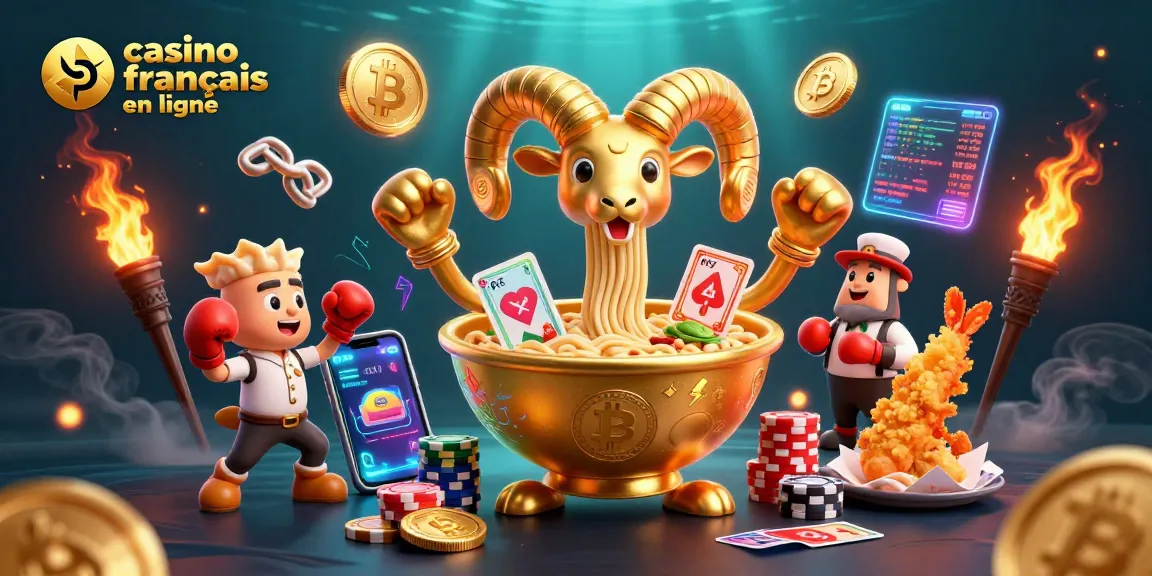 Arrêtez-vous sur casino francais en ligne avec un bol de ramen géant en 3D distribuant des cartes tout en étant entouré de pièces Bitcoin et Ethereum.