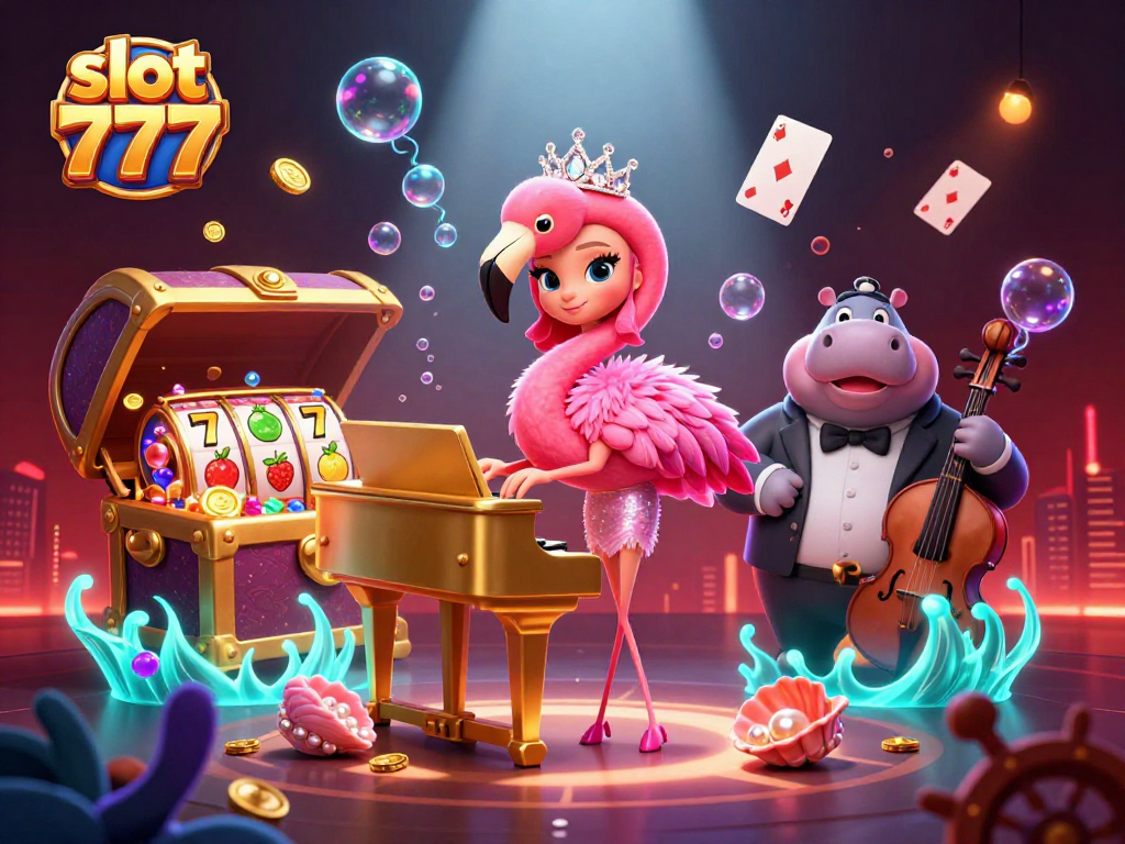 Engage with slot 777 in a vibrant casino scene featuring dynamic characters and treasure elements.