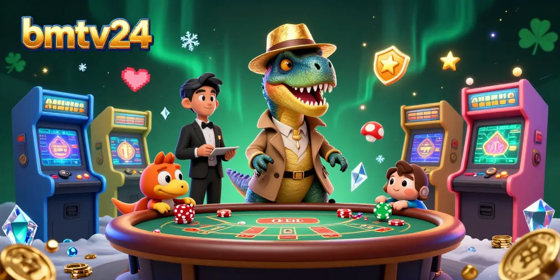 bmtv24 engages viewers with a playful velociraptor card counter at a blackjack table while a stegosaurus pit boss watches.