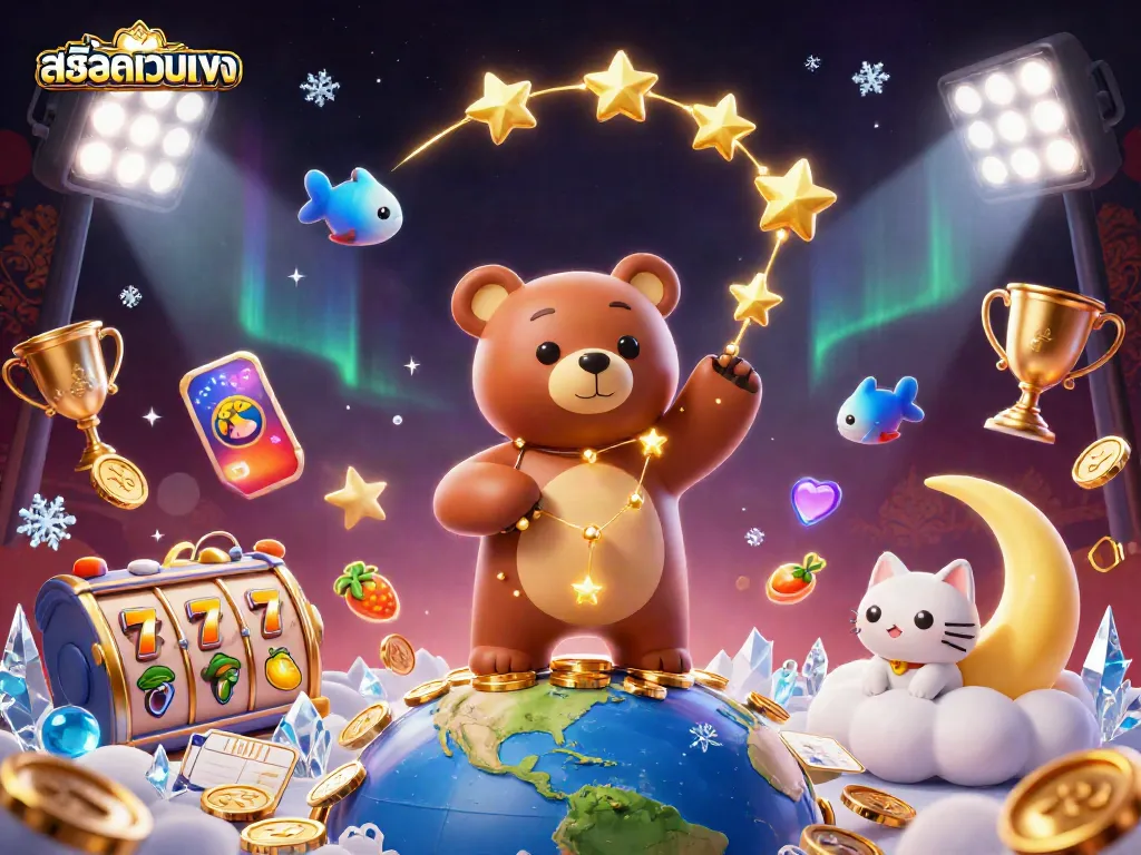Experience thrilling สล็อตเว็บตรง gaming with a constellation bear and dynamic casino elements in a vibrant cosmic scene.