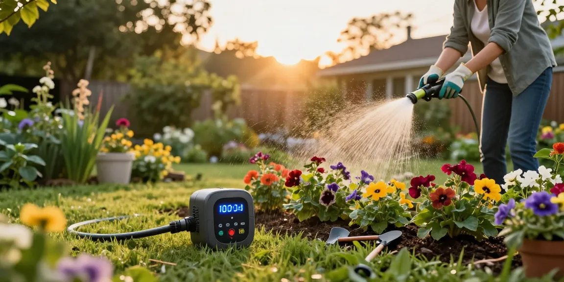 Homeowner using rainpoint sprinkler timer in a vibrant garden, watering flowers and ensuring perfect hydration.