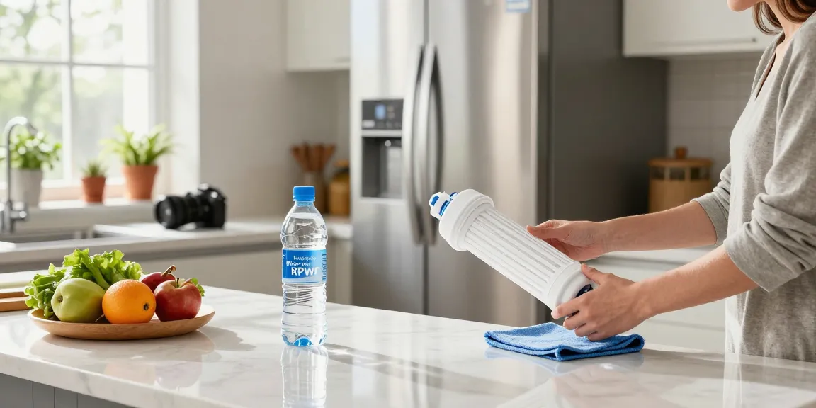 Replacing the Waterdrop Plus RPWF Refrigerator Water Filter in a modern kitchen with fresh ingredients.