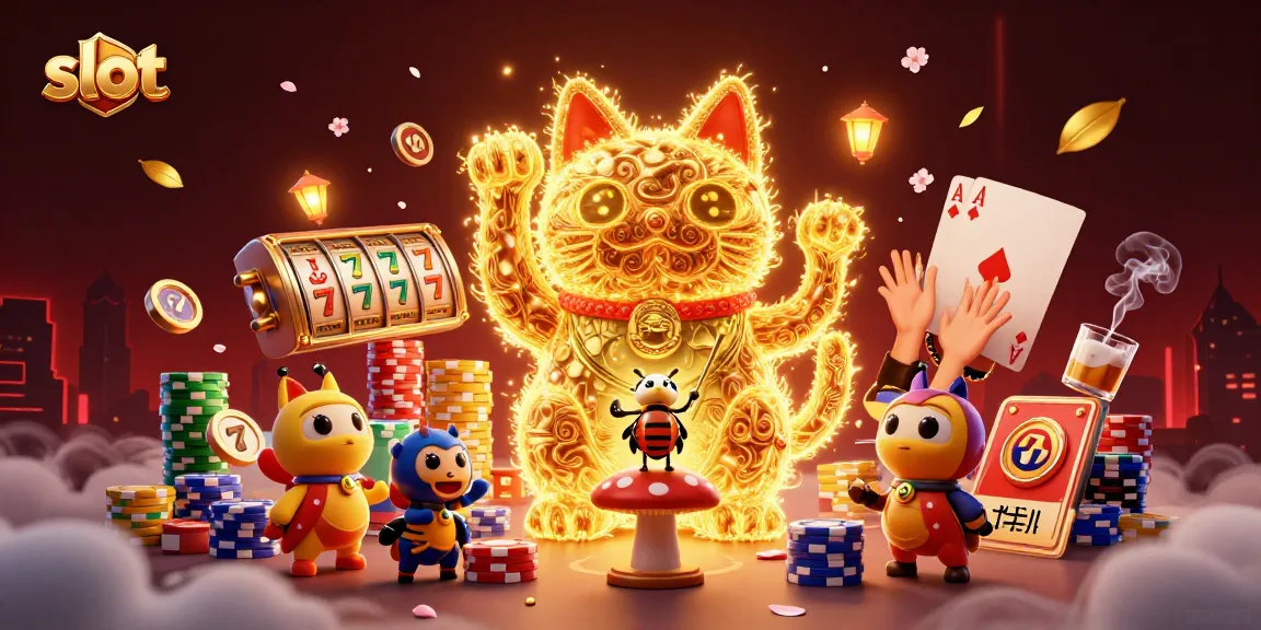 Spin slot symbols animated by fireflies in a playful casino illustration