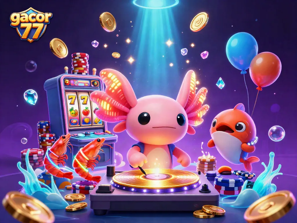 Gacor 77, gambar ilustrasi 3D yang penuh warna dengan DJ axolotl, simbol slot, dan koin emas.