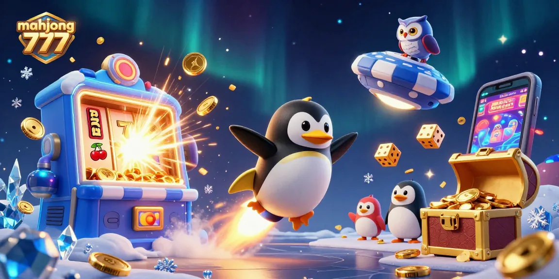 Experience mahjong 777 thrills with a golden penguin blasting through space toward a jackpot explosion in a vibrant casino universe.