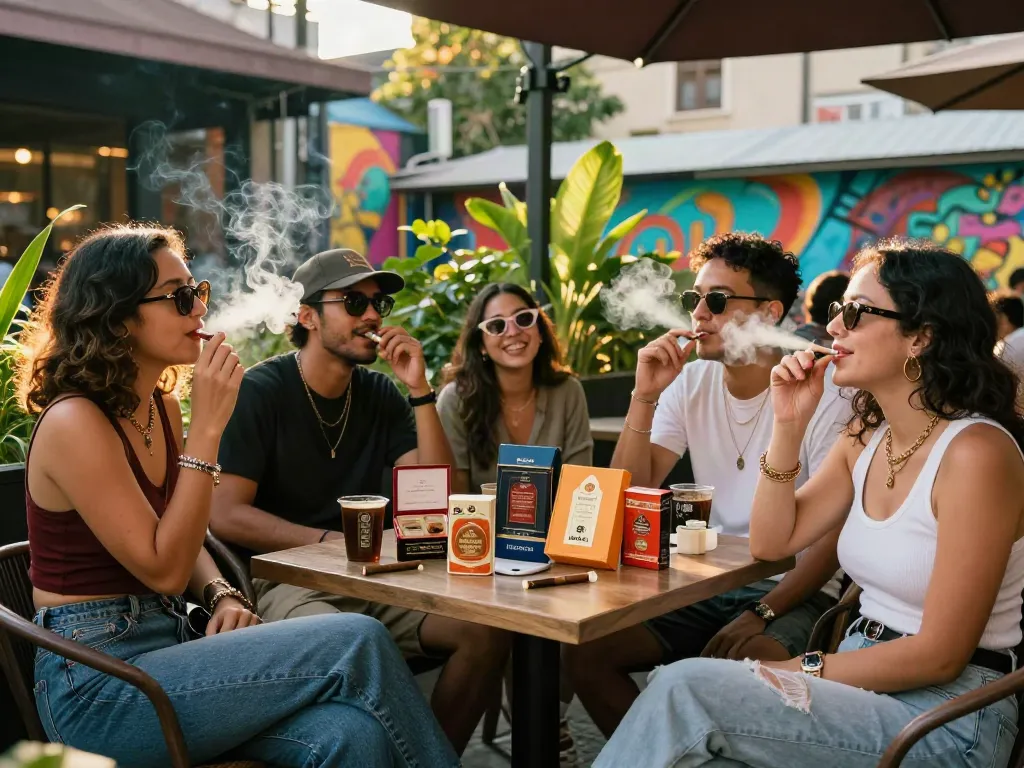 Friends enjoying local culture and rokok88 products at a trendy café.