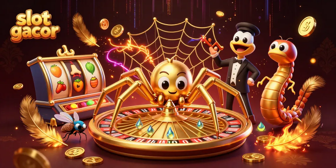 Experience slot gacor excitement while a fly places bets beside a golden spider and centipede croupier.