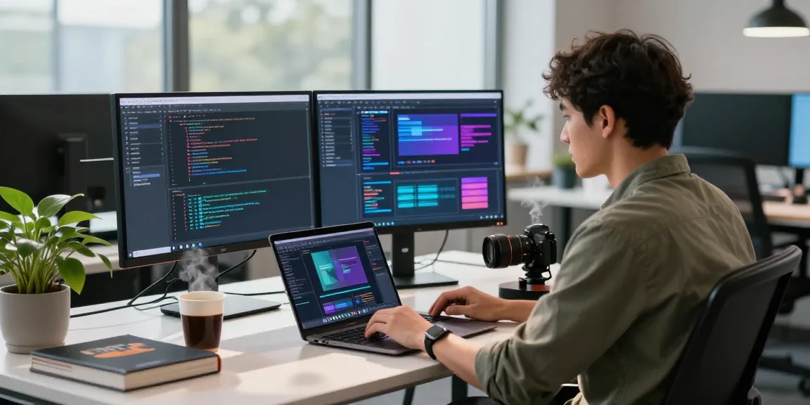 Developer focused on 纸飞机中文版 coding in a modern workspace, multiple monitors displaying software applications.