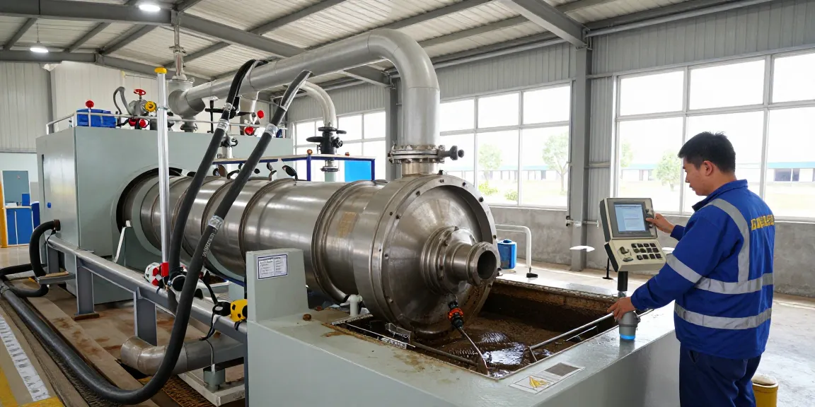 Efficient sludge dewatering process in an industrial facility with advanced machinery and technician overseeing operations.