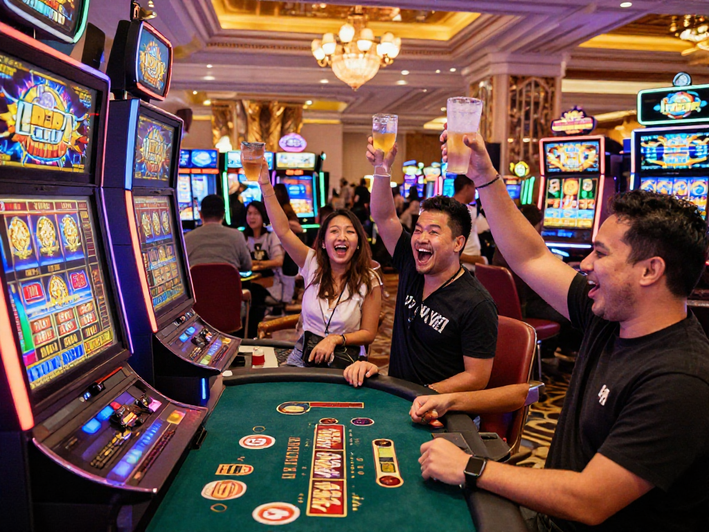 Exciting gambling atmosphere showcasing pasaran togel games with friends celebrating wins.