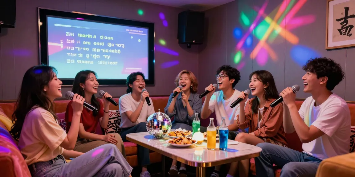 Friends enjoying fun karaoke session at 강남노래방 with colorful lights and modern decor.