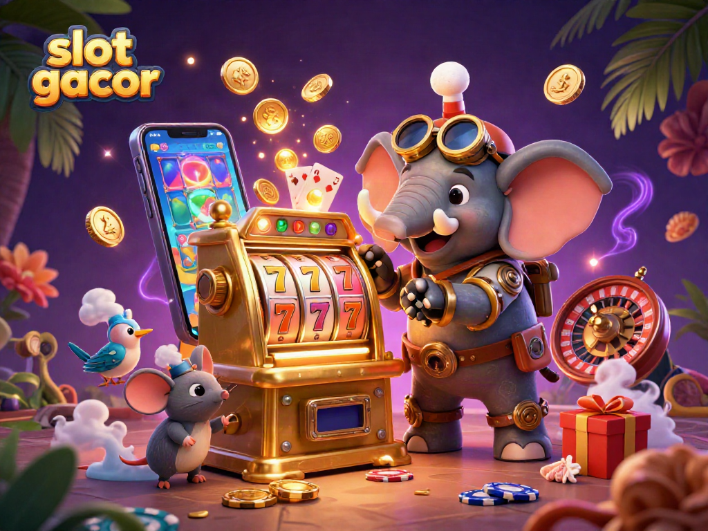 Engage with slot gacor through a colorful 3D elephant engineer operating a golden slot machine.