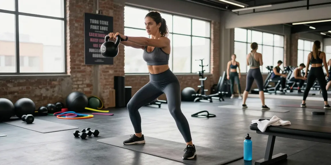 Athletic woman training at the Deus Medical Shop gym, showcasing kettlebell workout in vibrant studio.