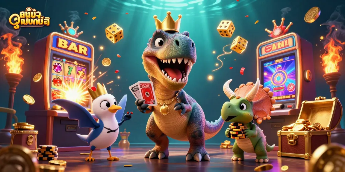 Engage with ดูหนังออนไลน์ through a vibrant casino-themed illustration featuring a T-Rex, pterodactyl, and triceratops amidst gaming excitement.