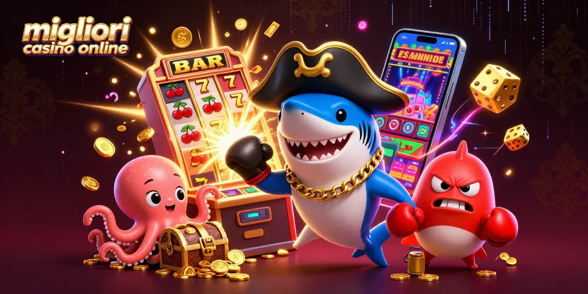 Scena dei migliori casino online con uno squalo pirata, un pesce palla e un polpo con tesoro e slot machine.