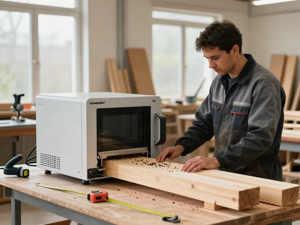 SHASHEL® technician using microwave equipment to safely eliminate wood-boring insects in a bright workshop.