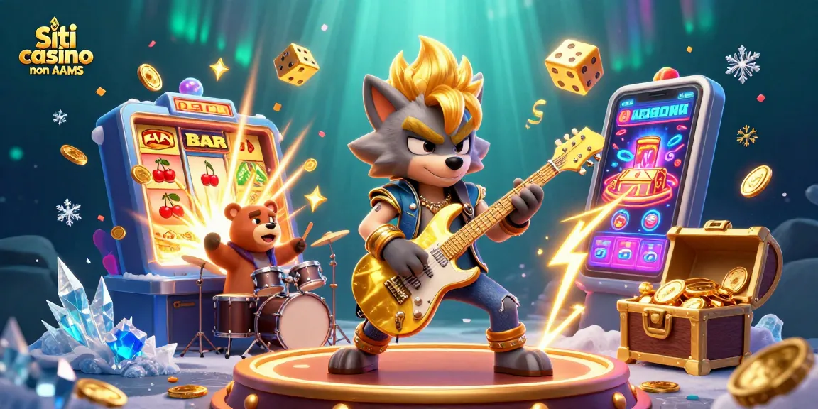 Scopri i migliori siti casino non AAMS con una rock star che suona una chitarra d'oro su un palco di casinò.