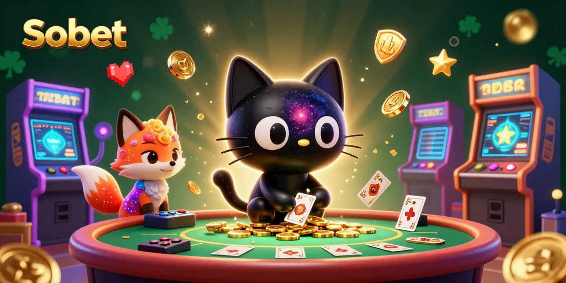Experience Sbobet's cosmic gaming action with a black hole cat and nebula fox at a vibrant casino table.