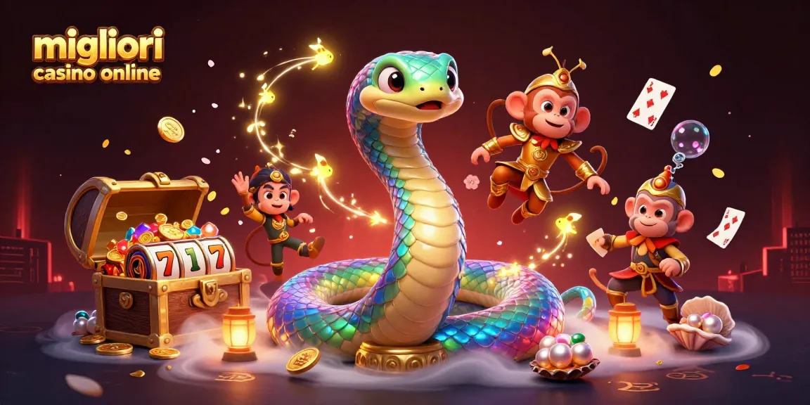 Scopri l'emozione dei migliori casino online con una scena vivace che presenta un serpente arcobaleno e elementi magici.