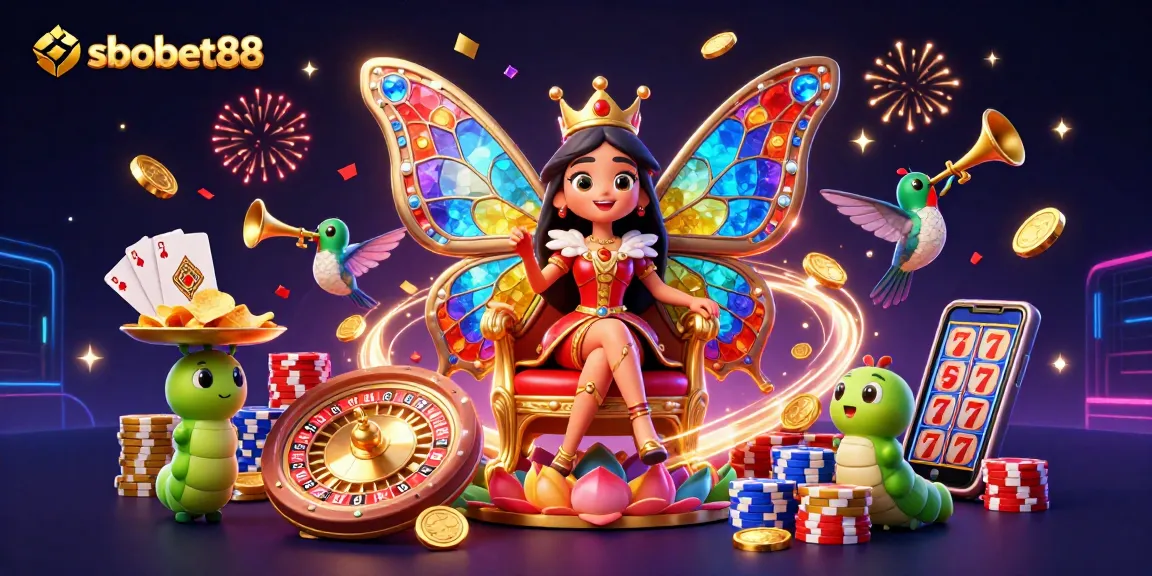 Bet on sbobet88 with a 3D cartoon butterfly queen and dynamic casino elements