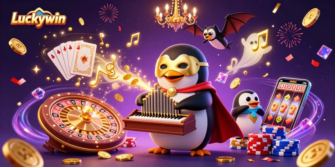 Enjoy thrilling wins at Luckywin with a vibrant casino scene featuring coins, cards, and excitement.