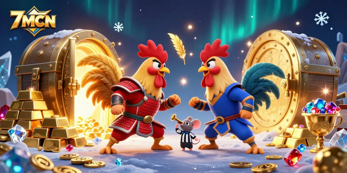 Experience the excitement with 7mcn as fighting roosters face off among treasures, showcasing vibrant gambling energy.