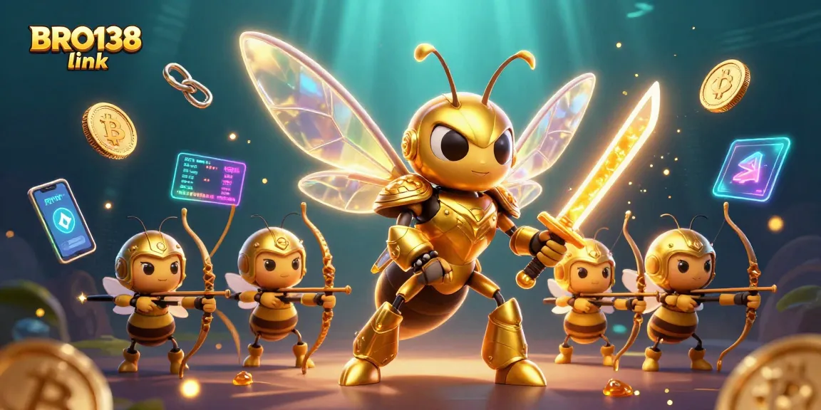 Experience vibrant gaming at BRO138 link with a dynamic scene featuring 3D hornets and crypto elements.