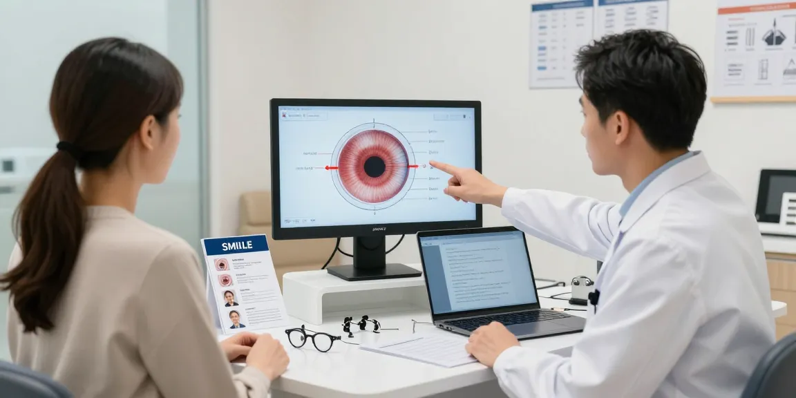 Patient discussing SMILE laser eye surgery with an ophthalmologist in a modern clinic.