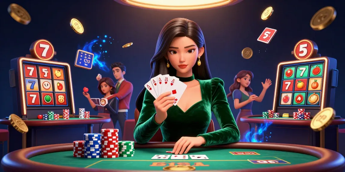 Play exciting games on mpo500 with a stunning Asian woman showcasing her poker skills at a luxury table.