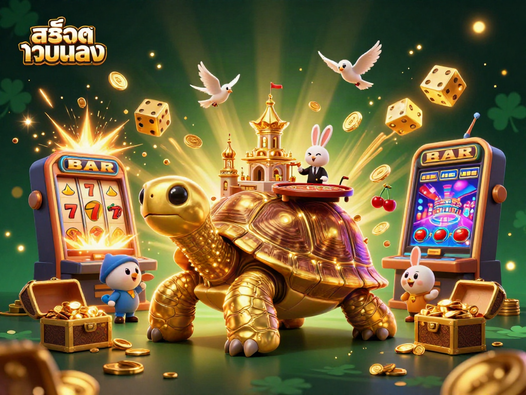 Experience สล็อตเว็บตรง with a lively tortoise casino scene filled with vibrant characters and gaming action.