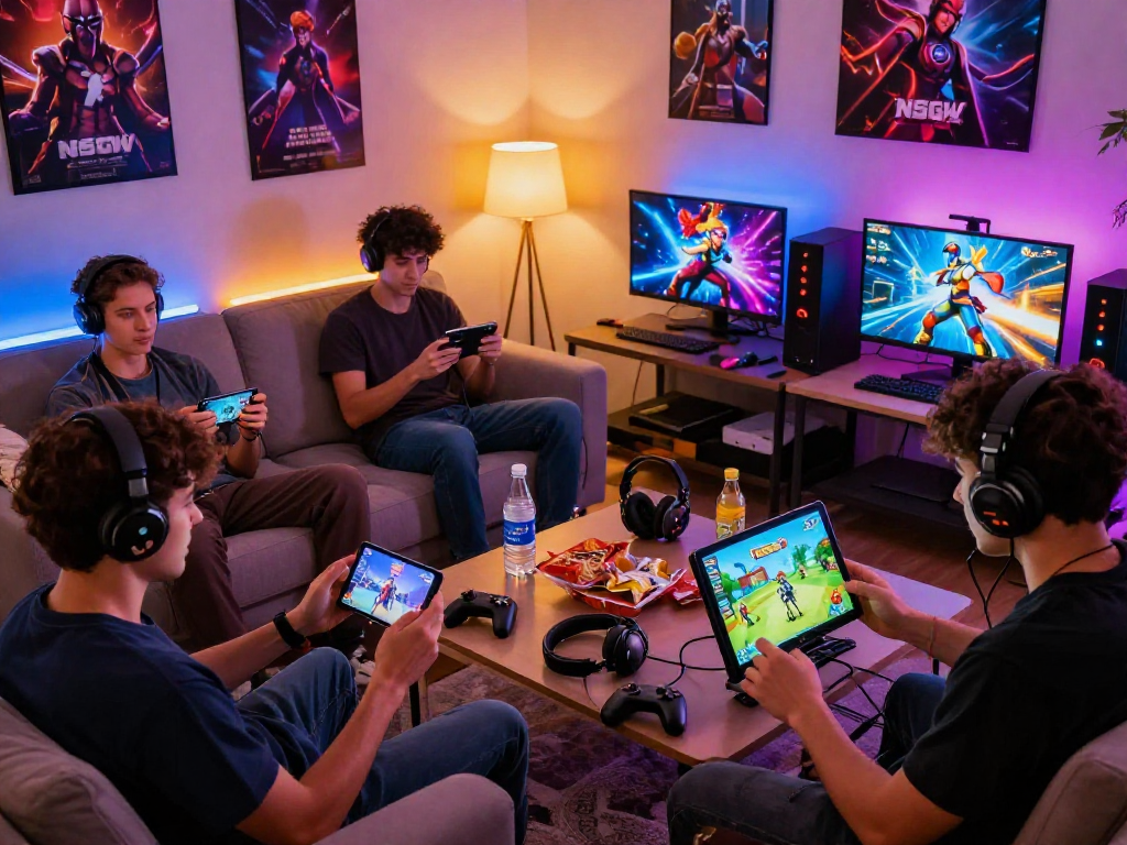 Playful gamers enjoying porngames in a cozy living room, showcasing colorful screens and gaming accessories.