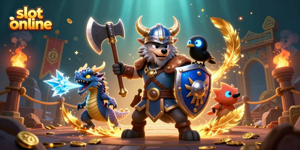 Slot online yang menarik dengan karakter Viking, naga, dan gagak di arena permainan.
