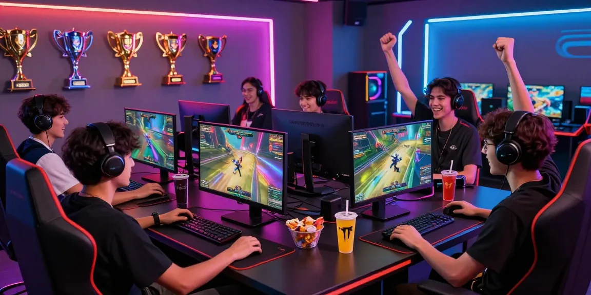 Engaged players in rokok 88 gaming competition with vibrant monitors and LED lighting.