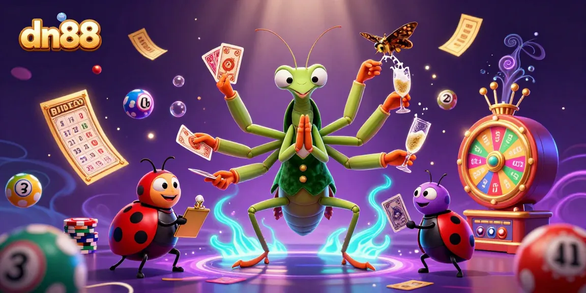 Join the excitement at dn88 with a vibrant casino scene featuring a giant praying mantis dealing cards.